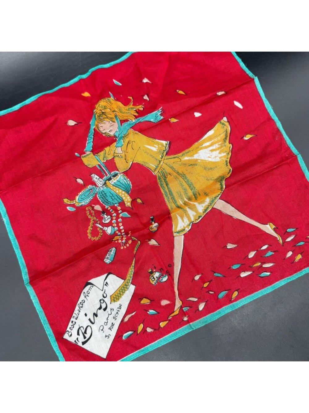 Vintage 1950s Best Wishes From Bingo Paris Rue Scribe Hanky Red Lipstick Cotton